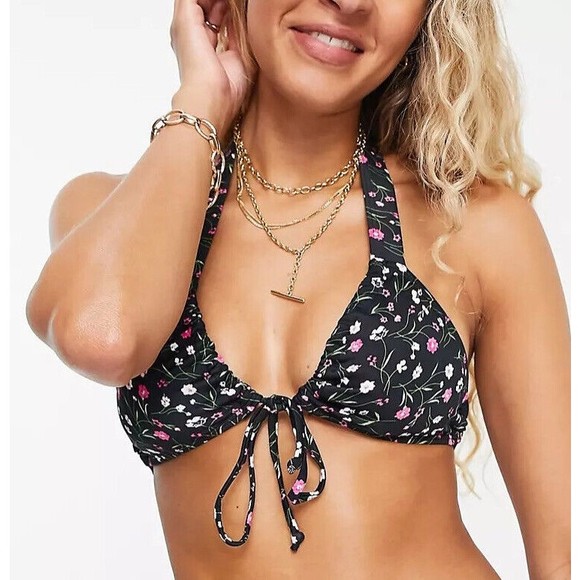 ASOS The Frolic NWT black Floral Bikini top multi US 4 Halter Tie Back - Picture 1 of 8